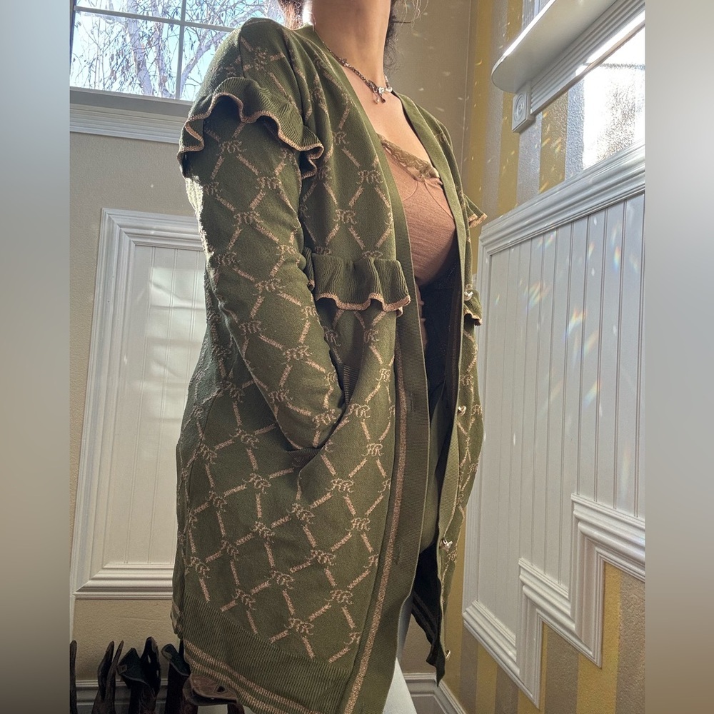 Stylish Olive Cardigan with Beige Ruffles - Picture 8 of 8